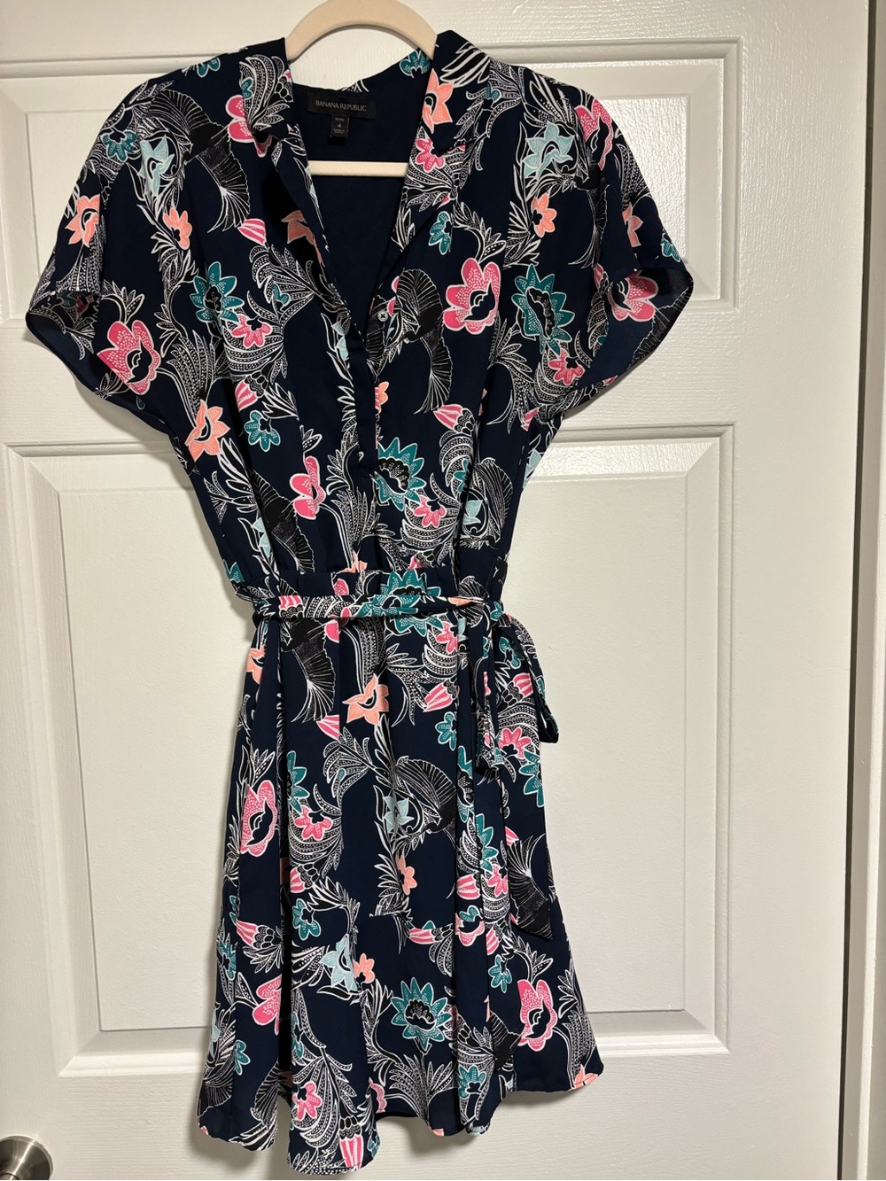 Banana Republic Dark Navy Floral Tie-Waist Mini Dress with Pink & Teal Accents